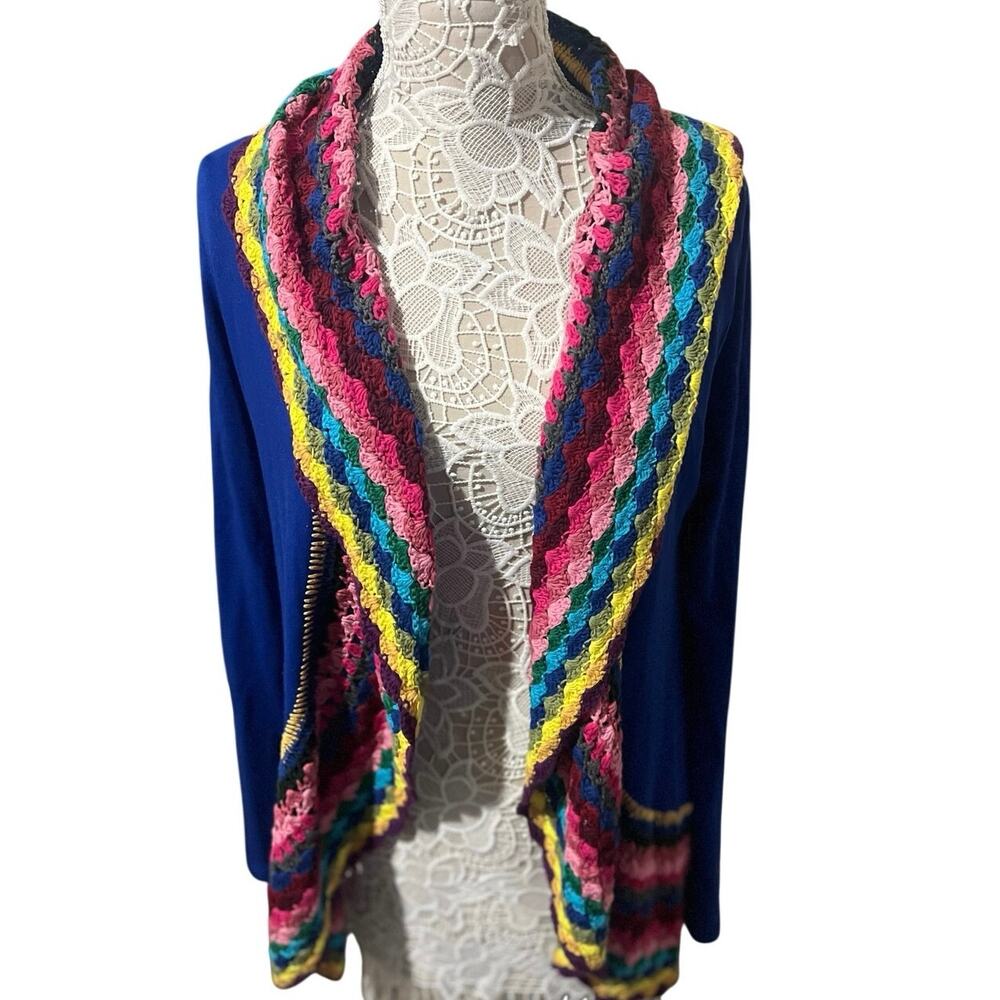 Blue Lightweight Cardigan with Multicolored Crochet Trim | Boho Layering Sweater